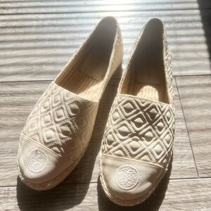Tory Burch cream leather flat woven espadrille sneaker